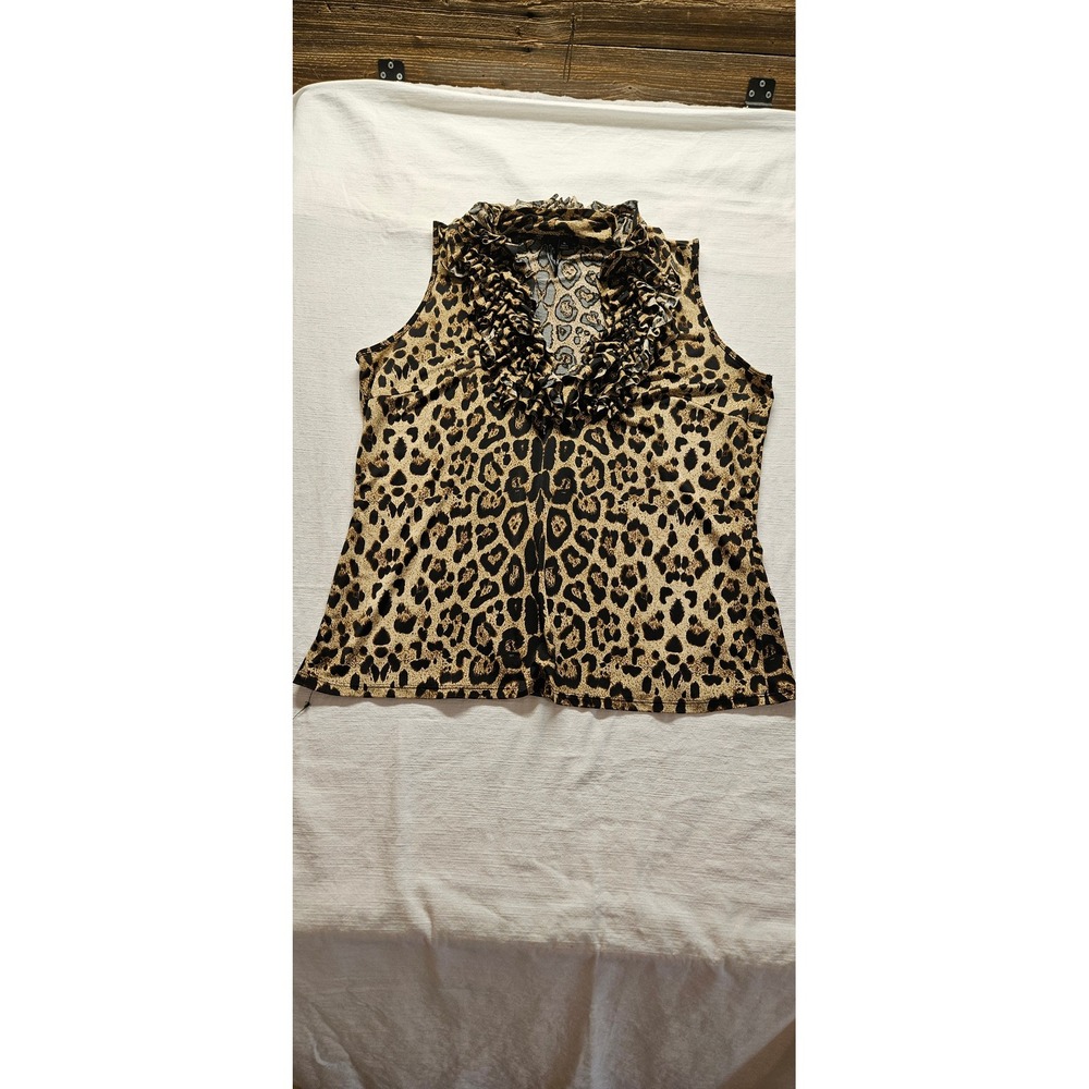 Essentials by Milano Womens XL Leopard Print Ruffle V-Neck Sleeveless Top Brown